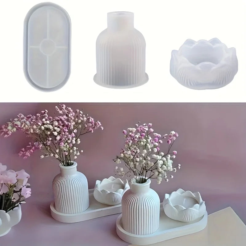 Lotus Striped Vase Tray Silicone Mold Set
